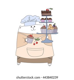 Confectioner. Professions. Learning card. White cat. Vector for design