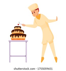Confectioner put cherry on cake icon. Cartoon of confectioner put cherry on cake vector icon for web design isolated on white background