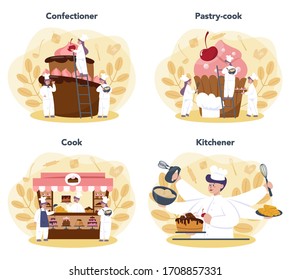 Confectioner set. Professional confectioner chef. Sweet baker cooking pie for holiday, cupcake, chocolate brownie. Isolated flat vector illustration