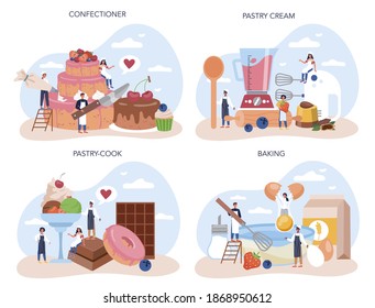 Confectioner set. Professional confectioner chef. Sweet baker cooking pie for holiday, cupcake, chocolate brownie. Isolated flat vector illustration