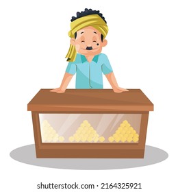 Confectioner is standing on counter stall. Vector graphic illustration.  Individually on a white background. 