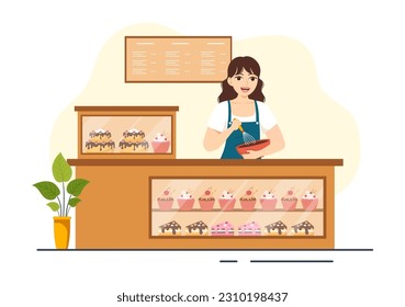 Confectioner Vector Illustration with Chef Wearing Apron Preparing Dessert, Sweet Products and Pastry in Flat Cartoon Hand Drawn Templates