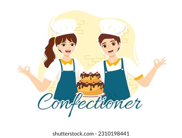 Ilustración de vectores de pastelería con el chef vistiendo un ápron preparando postre, productos dulces y pastelería con plantillas dibujadas a mano de dibujos planos