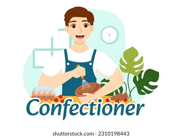 Ilustración de vectores de pastelería con el chef vistiendo un ápron preparando postre, productos dulces y pastelería con plantillas dibujadas a mano de dibujos planos