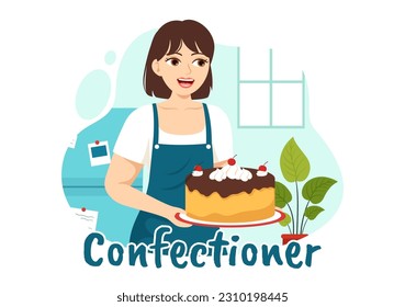 Ilustración de vectores de pastelería con el chef vistiendo un ápron preparando postre, productos dulces y pastelería con plantillas dibujadas a mano de dibujos planos