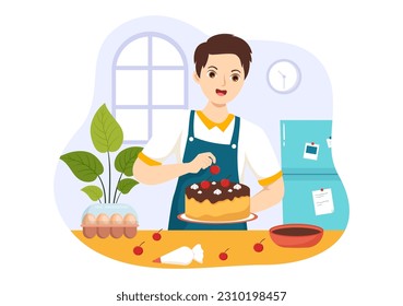 Confectioner Vector Illustration with Chef Wearing Apron Preparing Dessert, Sweet Products and Pastry in Flat Cartoon Hand Drawn Templates