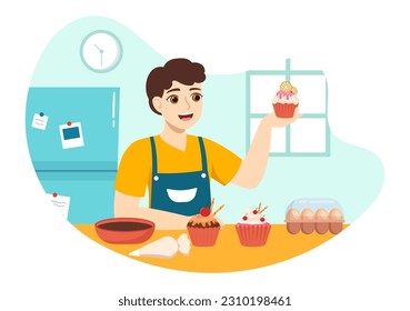 Confectioner Vector Illustration with Chef Wearing Apron Preparing Dessert, Sweet Products and Pastry in Flat Cartoon Hand Drawn Templates