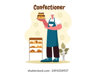Confectioner Vector Illustration featuring a Chef Wearing an Apron Preparing Desserts, Sweet Products, and Pastries in a Flat Style Cartoon Background