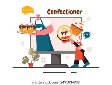 Confectioner Vector Illustration featuring a Chef Wearing an Apron Preparing Desserts, Sweet Products, and Pastries in a Flat Style Cartoon Background