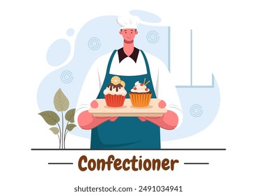 Confectioner Vector Illustration featuring a Chef Wearing an Apron Preparing Desserts, Sweet Products, and Pastries in a Flat Style Cartoon Background