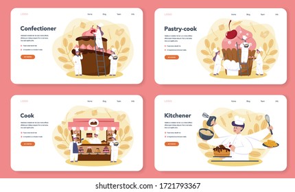 Confectioner web banner or landing page set. Professional confectioner chef. Sweet baker cooking pie for holiday, cupcake, chocolate brownie. Isolated flat vector illustration