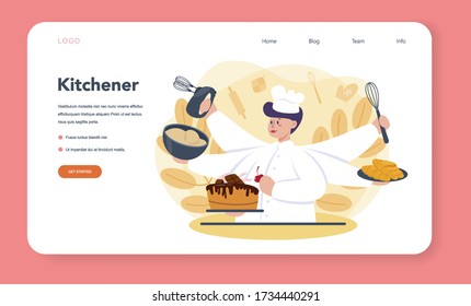 Confectioner web banner or landing page. Professional confectioner chef. Sweet baker cooking pie for holiday, cupcake, chocolate brownie. Isolated flat vector illustration