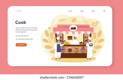 Confectioner web banner or landing page. Professional confectioner chef. Sweet baker cooking pie for holiday, cupcake, chocolate brownie. Isolated flat vector illustration