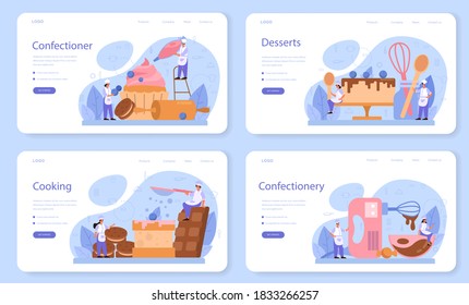 Confectioner web banner or landing page set. Professional confectioner chef. Sweet baker cooking pie for holiday, cupcake, chocolate brownie. Isolated flat vector illustration