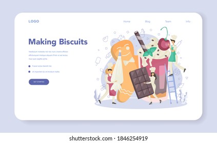 Confectioner web banner or landing page. Professional confectioner chef. Sweet baker cooking dessert for holiday. Sweets store and preparation. Isolated flat vector illustration