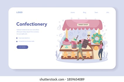 Confectioner web banner or landing page. Professional confectioner chef. Sweet baker cooking dessert for holiday. Sweets store and preparation. Isolated flat vector illustration