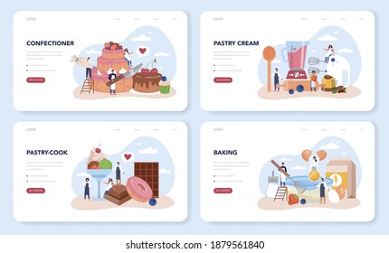 Confectioner web banner or landing page set. Professional confectioner chef. Sweet baker cooking pie for holiday, cupcake, chocolate brownie. Isolated flat vector illustration