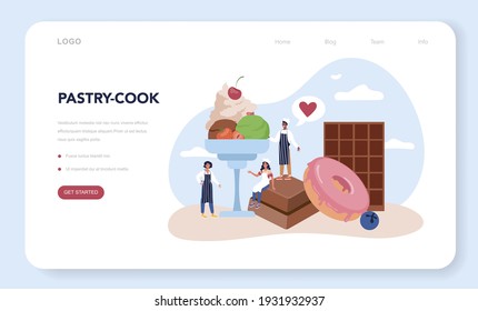 Confectioner web banner or landing page. Professional confectioner chef. Sweet baker cooking pie for holiday, cupcake, chocolate brownie. Isolated flat vector illustration