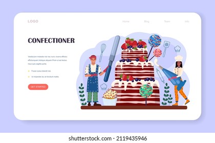 Confectioner web banner or landing page. Professional confectioner chef making different sweets. Baker cooking a cake for celebration, cupcakes with frosting and candies. Flat vector illustration