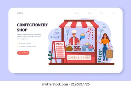 Confectioner Web-Banner oder Landing-Seite. Professioneller Süßwarenkoch, der verschiedene Süßigkeiten zubereitet. Bäcker, der einen Kuchen zum Feiern kocht, Kuchen mit Frost und Bonbons. Flache Vektorgrafik