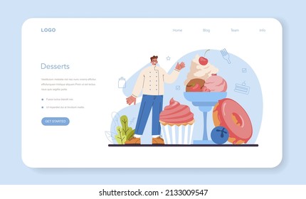 Confectioner web banner or landing page. Professional confectioner chef making different sweets. Baker cooking a cake for celebration, cupcakes with frosting and candies. Flat vector illustration