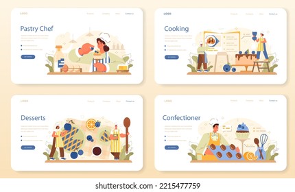 Confectioner web banner or landing page set. Professional pastry chef making sweets. Baker cooking a cake for holiday or celebration, cupcakes with frosting and candies. Flat vector illustration