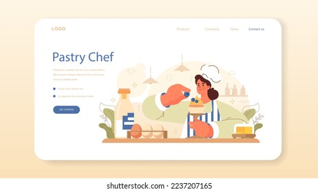 Confectioner web banner or landing page. Professional pastry chef making sweets. Baker cooking a cake for holiday or celebration, cupcakes with frosting and candies. Flat vector illustration