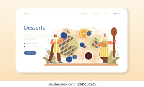 Confectioner web banner or landing page. Professional pastry chef making sweets. Baker cooking a cake for holiday or celebration, cupcakes with frosting and candies. Flat vector illustration