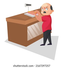 Confectioner is weighing sweets on the machine. Vector graphic illustration. Individually on a white background.