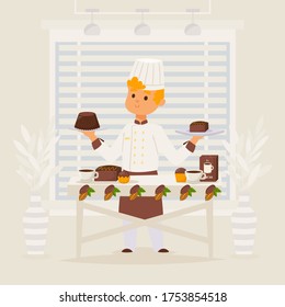 Confectioner work with chocolate vector illustration. Man character cook in apron offer sweet dessert in candy store. Quality product made from ingridient natural cocoa, delicious food on white table.
