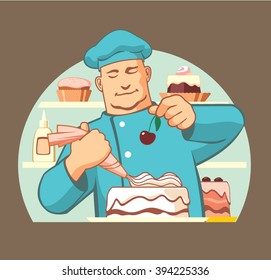 Confectioner at work, cooking a delicious cake, vector icon illustration