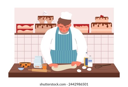 Confectioner at workplace concept. Man with dough and eggs at workplace. Bakery and pastry products. Cakes, dessert and delicacy. Cartoon flat vector illustration isolated on white background