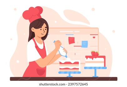 El concepto de confitería en el lugar de trabajo. Mujer con delantal rosado y sombrero con torta. Panadería y pastelería. Las chicas preparan postre y manjar. Dibujo vectorial plano de dibujos animados aislado en fondo blanco