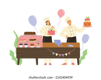 Confectioners behind shop counter presenting birthday cake, flat vector illustration isolated on white background. Sweet food and desserts culinary, confectionery.