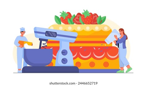 Confectioners with cake concept. Man and woman near dessert and delicacy. Cakes with strawberries slices. Homemade pastry and bakery. Cafe or catering menu. Cartoon flat vector illustration