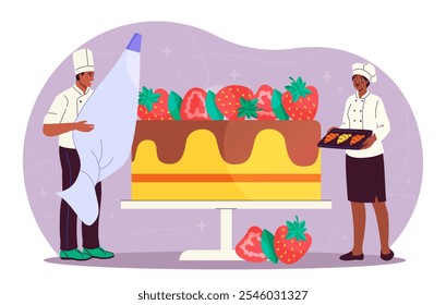 Confeiteiros com bolo. Equipe de padeiros com bolo com morangos. Sobremesa e delicadeza. Produtos de padaria e de pastelaria. Ilustração de vetor plano isolada no plano de fundo branco