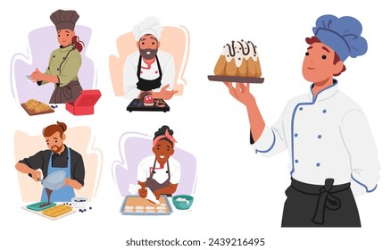 Confectioners Characters, Skilled Artisans Who Specialize In Crafting Sweet Treats Such As Candies, Chocolates, And Pastries, Utilizing Techniques That Blend Artistry And Culinary. Vector Illustration