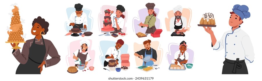 Confectioners Characters, Skilled Artisans Who Craft Sweet Treats Such As Candies, Chocolate or Pastries, Blending Culinary Art And Creativity To Delight The Senses. Cartoon People Vector Illustration