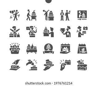 Confectioners Day 3 May. Candy Day. Calendar. Third of may. Cake. Dessert decoration. Pastry, baking, sweet food. Menu for restaurant and cafe. Vector Solid Icons. Simple Pictogram