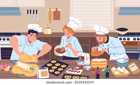 Confectioners kitchen. Pastry chef cook in uniform making wedding or birthday cake, professional confectioner confectionery decorating cooking process, classy vector illustration original artwork