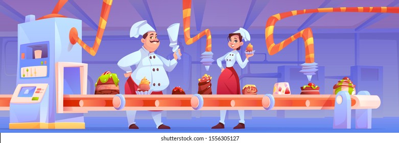 Confectioners on candy factory decorate chocolate production on conveyor belt with sweet desserts, bakery and cakes moving on line with automation and manufacturing system. Cartoon vector illustration