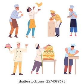 Confectioners. Pastry cooks making birthday cake baking sweets desserts, professional chef prepare cream ingredients, confectioners chief cook characters classy vector illustration original artwork