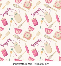 Confectioner's Pattern. Seamless vector pattern for the profession of baker, pastry chef or cook. Pink tools for making desserts. Scales and bowl. Spoons, whisk and apron. Seamless pattern for package