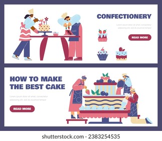 Los pastores preparan postres, ilustraciones vectoriales aisladas en blanco. Banderas horizontales, chefs pastelería haciendo pasteles dulces, personajes masculinos y femeninos. Plantillas, dibujo con un sencillo estilo de dibujos animados planos