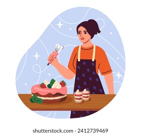 Confectioners at work concept. Woman in violet apron with cake and muffins. Homemade bakery and pastry, sweet food. Young girl prepare dessert and delicacy. Cartoon flat vector illustration