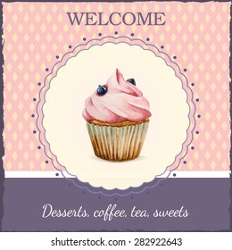 Confectionery advertisement template with watercolor cupcake illustration and typographic in retro style