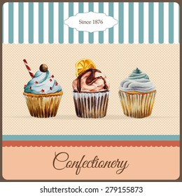 Confectionery advertisement template with watercolor cupcakes illustration and typographic in retro style