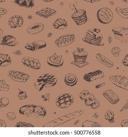Confectionery Bakery - seamless pattern. isolated vector. Retro vintage. Sketch icons bread, cake, croissant. for brand design & packaging. kraft paper