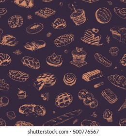 Confectionery Bakery - seamless pattern. isolated vector. Retro vintage. Sketch icons bread, cake, muffin, baguette. 4 brand design & packaging. orange on purple