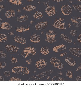 Confectionery Bakery - seamless pattern. isolated vector. Retro vintage. Sketch icons bread, cake, muffin, baguette. design 4 bakery shop. dark
